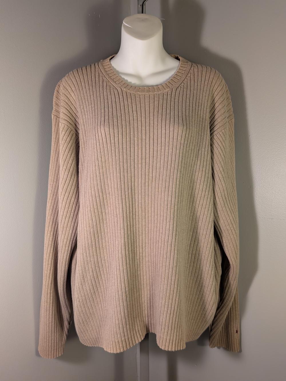 Tommy Hilfiger Men's Rib-Knit Crew Neck Cotton Pullover Sweater Beige XL